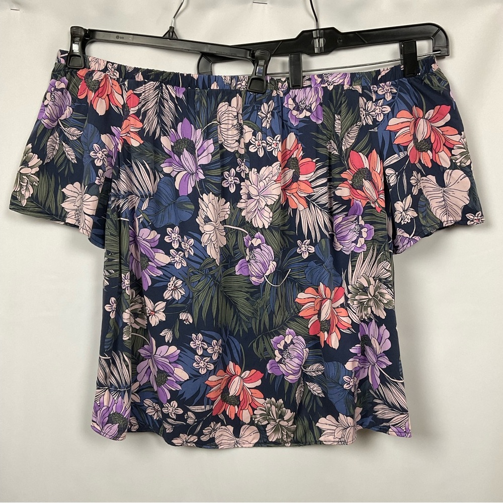 A.n.a Women 2X blue orange purple floral off the shoulder short sleeve top shirt